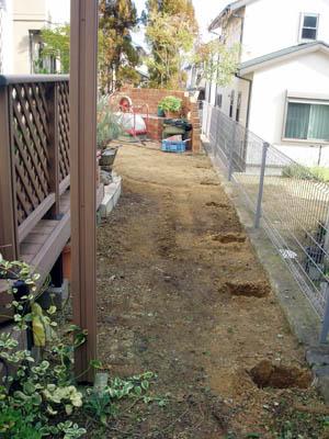 お庭の方に変わり・・・敷地を整地し工事の絡みに当たる部分の位置だしを・・・ 土の部分に数箇所の穴を確認できますが・・・？
